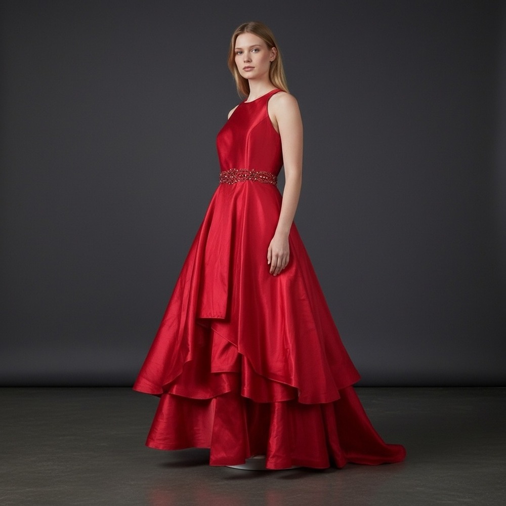 Mac Duggal Red Tiered Ruffle Beaded Waist High Neck Ball Gown Dress Size 8